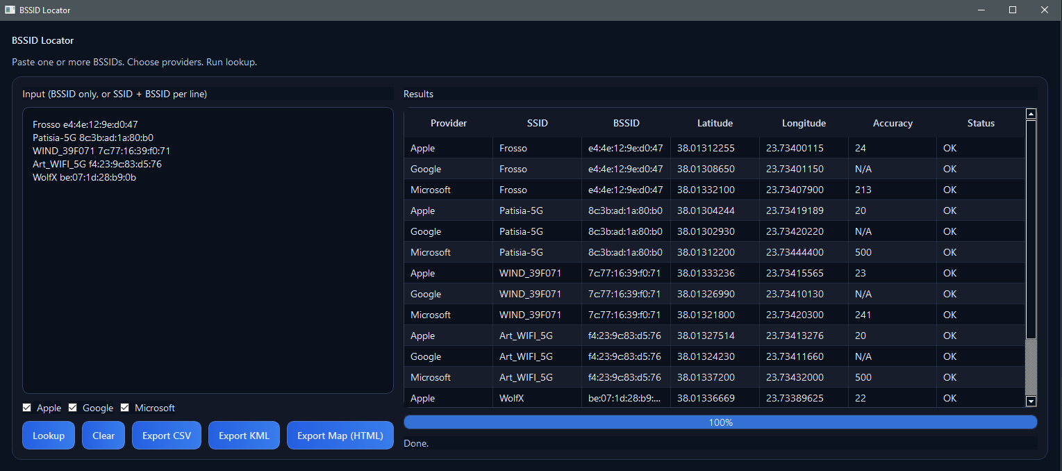 BSSID Locator desktop application displaying provider results