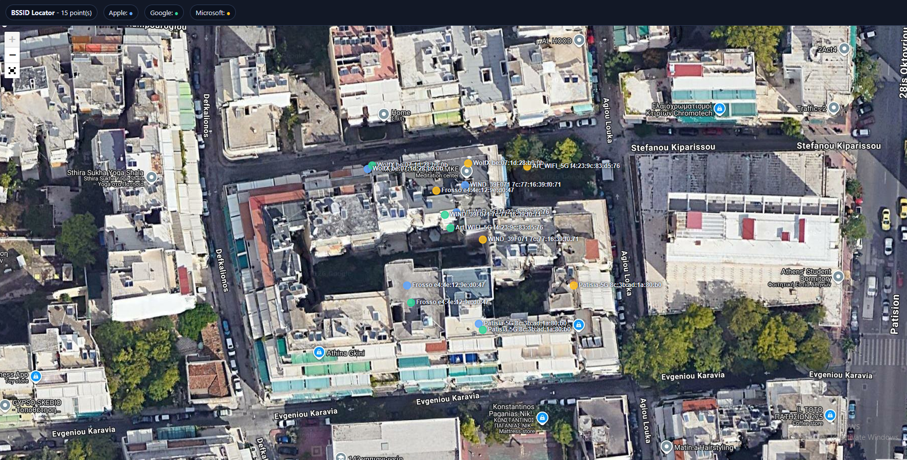 Interactive BSSID geolocation map with provider-specific markers